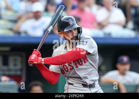 5 agosto 2024: Il ricevitore dei Boston Red Sox Connor Wong (12) batte contro i Kansas City Royals al Kauffman Stadium di Kansas City, Missouri. David Smith/CSM Foto Stock