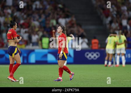 Marsiglia, Francia. 6 agosto 2024. Athenea del Castillo (R) di Spagna reagisce durante la semifinale femminile di calcio tra Brasile e Spagna dei Giochi Olimpici di Parigi 2024 a Marsiglia, Francia, 6 agosto 2024. Crediti: Huang Zongzhi/Xinhua/Alamy Live News Foto Stock