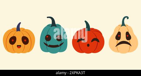 Set di disegni di Halloween. Zucche di diversi colori e dimensioni. Illustrazione vettoriale in stile piatto su sfondo bianco. Illustrazione Vettoriale