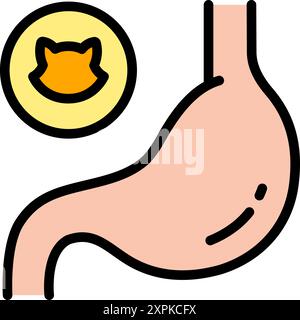 Clinica veterinaria, diagnostica e trattamento gatto apparato digerente. Supplemento vitamine per digestione e stomaco per animali domestici. Semplici icone vettoriali di colore per Illustrazione Vettoriale
