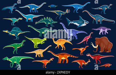 Set vettoriale di dinosauri preistorici cartoni animati a colori. Specie dino colorate, carnivori terrestri o acquatici, onnivori, erbivori e mammut con vibra Illustrazione Vettoriale