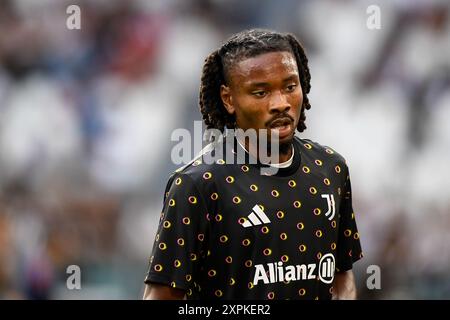 Kephren Thuram della Juventus reagisce durante l'amichevole pre-stagione tra Juventus e Juventus Next Gen all'Allianz Stadium il 6 agosto 2024 Foto Stock