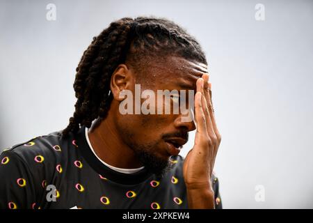 Kephren Thuram della Juventus reagisce durante l'amichevole pre-stagione tra Juventus e Juventus Next Gen all'Allianz Stadium il 6 agosto 2024 Foto Stock