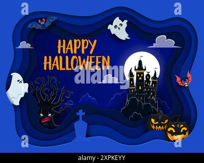 Striscione tagliato in carta di Halloween con personaggi natalizi e castello scuro. Festività autunnali spaventose, poster vettoriale tagliato in carta per feste autunnali con gh Illustrazione Vettoriale