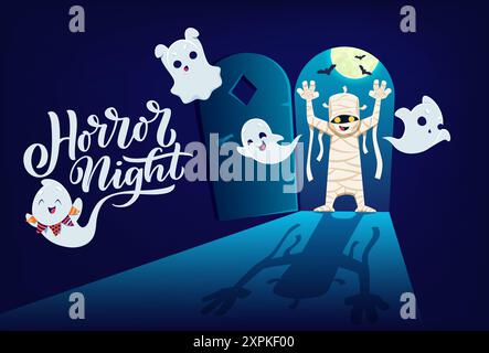 Striscione di Halloween con fantasmi kawaii e mummie personaggi nella porta aperta. Mostri delle vacanze serali horror di Halloween personaggi vettoriali, simpatici fantasmi, fanti Illustrazione Vettoriale