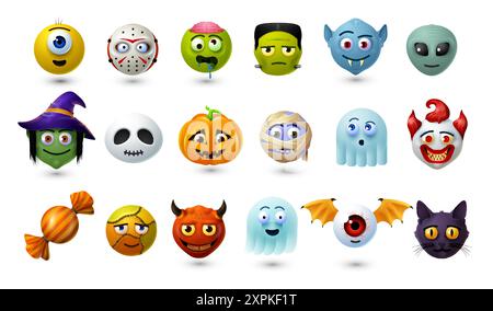 Set di emoji di Halloween, personaggi spaventosi dei cartoni animati. Vacanze horror di ottobre, la stagione di Halloween, personaggi spaventosi, emoji vettoriali per smartphone con zombie, vampiro Illustrazione Vettoriale