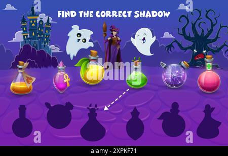 Trova l'ombra corretta delle bottiglie di pozione delle streghe di Halloween. Foglio di lavoro del gioco con abbinamento vettoriale per bambini con matracci di concuzione cartoni animati, strega e fantasmi di notte Illustrazione Vettoriale