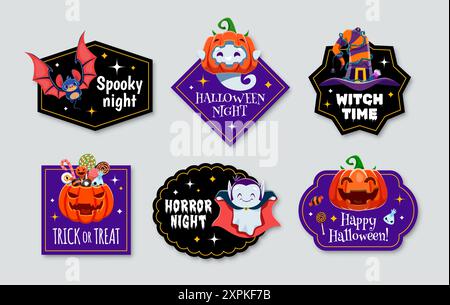 Gli adesivi di Halloween includono Jack-o-Lanterne spaventose e divertenti, cappello da strega, simpatici fantasmi e pipistrello. Patch vettoriali con personaggi dei cartoni animati, perfette per de Illustrazione Vettoriale