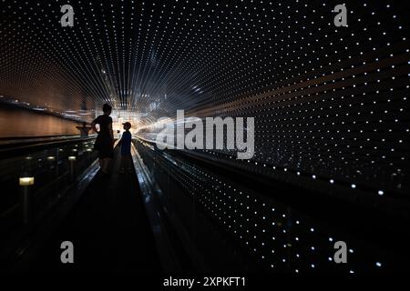 National Gallery of Art Multiverse Light Installation Washington D.C. // WASHINGTON D.C., Stati Uniti — l'installazione di luci Multiverse dell'artista Leo Villareal illumina la passerella mobile tra gli edifici est e ovest della National Gallery of Art Questa coinvolgente opera d'arte presenta migliaia di luci a LED che creano schemi dinamici, offrendo ai visitatori un viaggio affascinante attraverso un tunnel di luce in continua evoluzione. Foto Stock