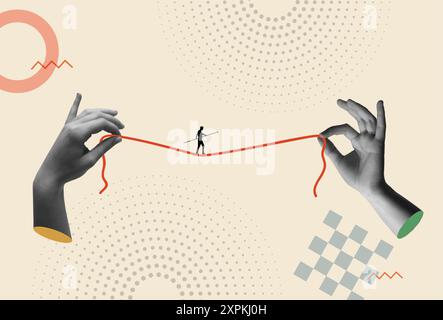 Uomo che cammina in troppa e mani umane che tengono la corda in un'illustrazione del vettore di collage retrò degli anni '80. Concetto di arte contemporanea per il rischio finanziario, wor Illustrazione Vettoriale