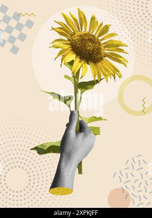 Mano umana che tiene un girasole in un collage retrò di mezzitoni immagine vettoriale di supporti misti. Concetto di cura della natura, delle bellezze naturali e dell'ambiente Illustrazione Vettoriale