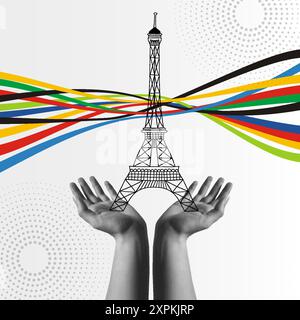 Le mani umane tengono la Torre Eiffel in un collage retrò di mezzitoni con immagini vettoriali miste. Sfondo a strisce ondulate colorate. Concept per Parigi 2024, Illustrazione Vettoriale