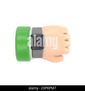 Icona dei gesti dei cartoni animati orologio intelligente con icona Mockup.3d sul braccio hand.cartoon indossando un orologio con cinturino da polso. Illustrazione realistica, rendering 3D su retro bianco Foto Stock