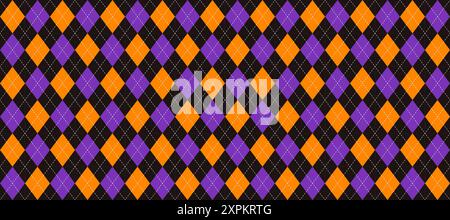 Motivo argyle senza cuciture arancione, viola e nero. Sfondo a texture ripetute di Halloween. Forme diamantate cucite per design tessile, stampa di tessuti, carta da imballaggio, indumenti. Sfondo vettoriale Illustrazione Vettoriale