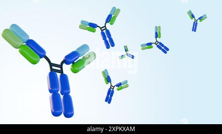 rendering 3d di molecole isolate di anticorpi diffusi su sfondo azzurro Foto Stock