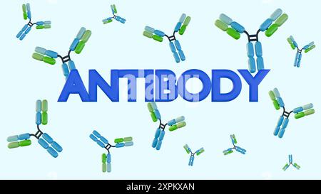 rendering 3d di molecole isolate di anticorpi diffusi su sfondo azzurro Foto Stock