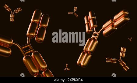 rendering 3d di molecole di anticorpi d'oro sparse su sfondo nero Foto Stock