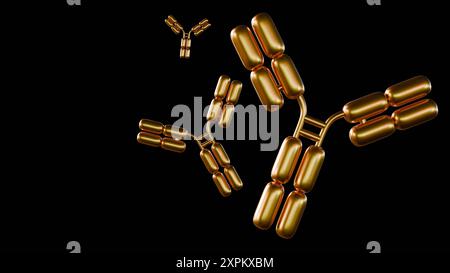 rendering 3d di molecole di anticorpi d'oro sparse su sfondo nero Foto Stock