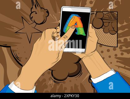 Cartoon smartphone, Comic book Telephone con lettera A. retro fumetti vettoriali design pop art. Illustrazione Vettoriale