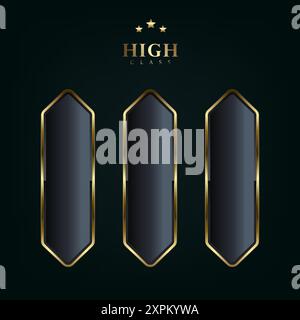 Tre pulsanti di stili art deco isolati su sfondo nero. Illustrazione vettoriale realistica del pulsante dei concetti dell'interfaccia utente di lusso in metallo color bronzo, oro e argento Illustrazione Vettoriale