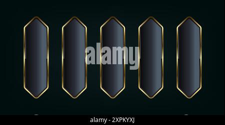 CINQUE pulsanti di stili art deco isolati su sfondo nero. Illustrazione vettoriale realistica dei pulsanti in bronzo, oro e argento di lusso dell'interfaccia utente Illustrazione Vettoriale