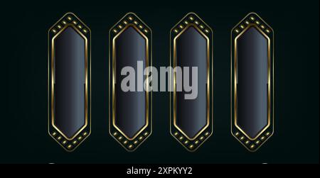 5 pulsanti per stili art deco isolati su sfondo nero. Illustrazione vettoriale realistica dei pulsanti dell'interfaccia utente di lusso in metallo bronzo, oro e argento t Illustrazione Vettoriale