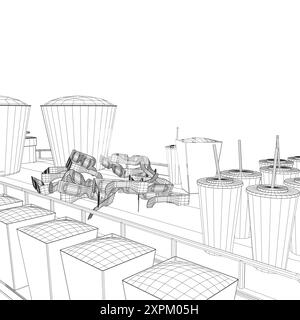 Illustrazione vettoriale del dispositivo Popcorn Maker a reticolo. Chiosco vintage nel parco divertimenti. Cibo di strada. 3D. Illustrazione Vettoriale