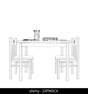 Contorno di un tavolo rettangolare con due sedie di linee nere isolate su sfondo bianco. Libri e matite giacciono sul tavolo. Plac per bambini Illustrazione Vettoriale