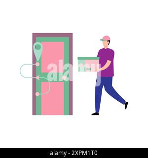 Il ragazzo sta consegnando il pacco alla porta. Foto Stock