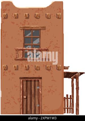 Casa in adobe a due piani con elementi in legno Illustrazione Vettoriale