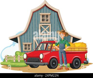 Agricoltore in piedi accanto al camion di fronte al fienile Illustrazione Vettoriale
