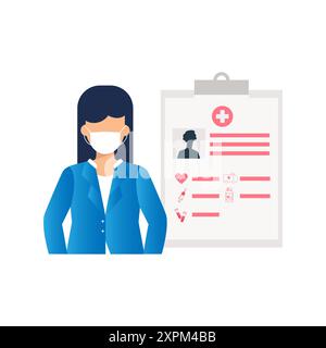 Una ragazza che indossa una maschera sta mostrando un rapporto medico. Foto Stock