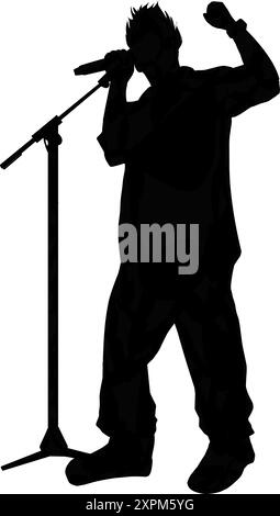 Illustrazione della silhouette del cantante maschile. Perfetto per adesivi, elementi per poster, banner, siti Web Illustrazione Vettoriale