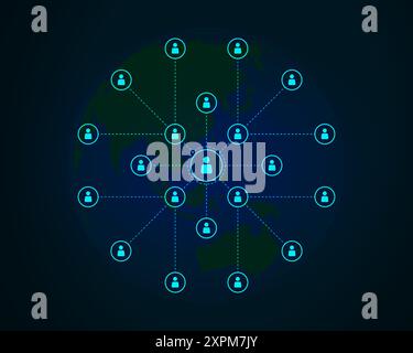 Icona catena di persone collegata da linee. Cooperazione e interazione tra persone e dipendenti. Diffusione dell'informazione nella società, concetto Illustrazione Vettoriale