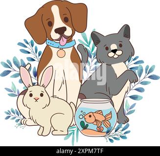 Vettore di acquerelli animali, cane gatto pugno coniglio vettoriale di illustrazione acquerello, illustrazione animali Illustrazione Vettoriale