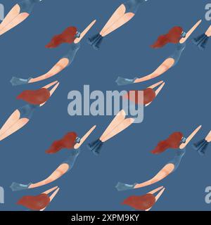 Motivo senza cuciture con donne fluttuanti in stile vintage. Nuoto. Illustrazione acquerello su sfondo blu Foto Stock