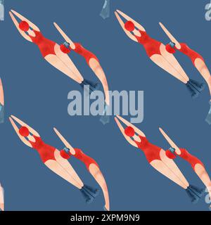 Motivo senza cuciture con donne fluttuanti in stile vintage. Nuoto. Illustrazione acquerello su sfondo blu Foto Stock