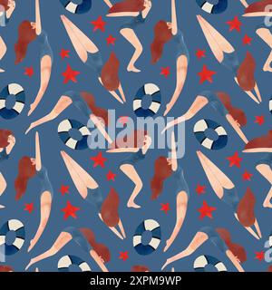 Motivo senza cuciture con donne fluttuanti in stile vintage. Nuoto. Illustrazione acquerello su sfondo blu Foto Stock