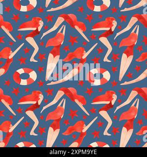 Motivo senza cuciture con donne fluttuanti in stile vintage. Nuoto. Illustrazione acquerello su sfondo blu Foto Stock