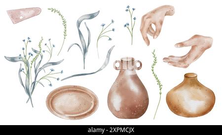 Le mani delle donne e le brocche di ceramica con elementi floreali nell'illustrazione ad acquerello sono isolate. Set di oggetti in ceramica e fiori in tonalità pastello disegnati a mano. IT Foto Stock