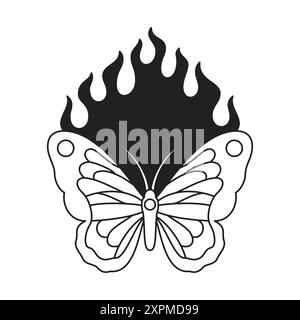 Farfalla Y2K con ali ornamentali e un tatuaggio nero fiammeggiante, illustrazione piatta dell'icona vettoriale. Splendido insetto estivo in bianco e nero Illustrazione Vettoriale