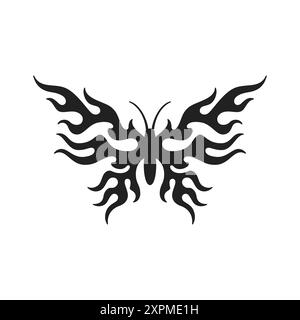 Y2K gothic farfalla fiamme fiamme nero icona tatuaggio vettoriale immagine piatta. Abstract silhouette di insetti estivi volanti e alla moda estetica etnica Illustrazione Vettoriale