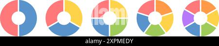 Set di icone infografiche divisione cerchio. Grafico a torta diviso 4,5,6 parti uguali. Anello colorato o schema rotondo ciambella. Segmento e frazione della ruota infografica Illustrazione Vettoriale