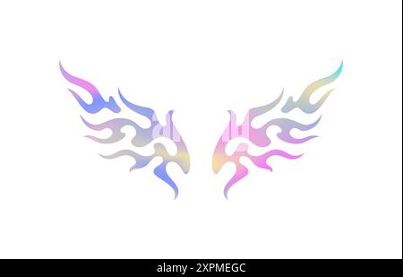 Le ali al neon gradiente in metallo Y2K sparano fiamma icona di arte psichedelica illustrazione piatta vettoriale. Sagoma astratta del carattere alato con ologramma dello spettro dell'arcobaleno Illustrazione Vettoriale