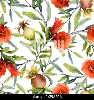 Giovani frutti di melograno e fiori su rami motivo senza cuciture su sfondo bianco per tessuti, Jewish Rosh Hashanah Foto Stock