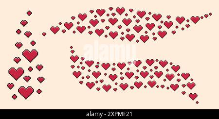 Set di pixel art Heart Swoosh. Illustrazione Vector a 8 bit y2k in stile retrò. Illustrazione Vettoriale