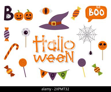 Set di elementi decorativi per festeggiare Halloween. Caramelle, bandiere, parola boo, ragno, cappello e altro ancora. Illustrazioni vettoriali di cartoni animati isolate su un bianco Illustrazione Vettoriale