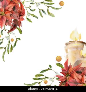 Candele con fiore di punta, rami di vischio e frutti di bosco. Illustrazione disegnata a mano in acquerello, cornice angolare isolata su bianco. Natale, felice nuovo Foto Stock