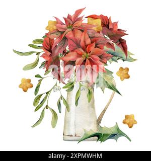 Fiori di Poinsettia, baubles di stella d'oro, foglie di mignolo di holly. Illustrazione ad acquerello disegnata a mano, bouquet di vaso isolato su bianco. Natale, felice nuovo Foto Stock