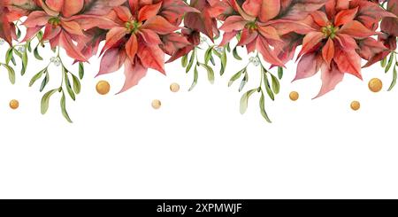 Fiori di Poinsettia, baubles stellari d'oro, foglie di vischio. Illustrazione disegnata a mano in acquerello, striscione senza cuciture isolato su bianco. Natale, felice anno nuovo Foto Stock